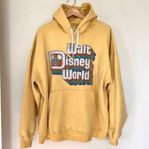Walt Disney World Hoodie Mens XL Mustard Yellow Retro Rainbow Graphic Pullover
